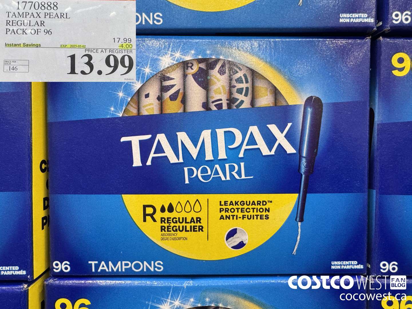 1770888 TAMPAX PEARL REGULAR PACK OF 96 ($4.00 INSTANT SAVINGS EXPIRES ON 2025-03-02) $13.99