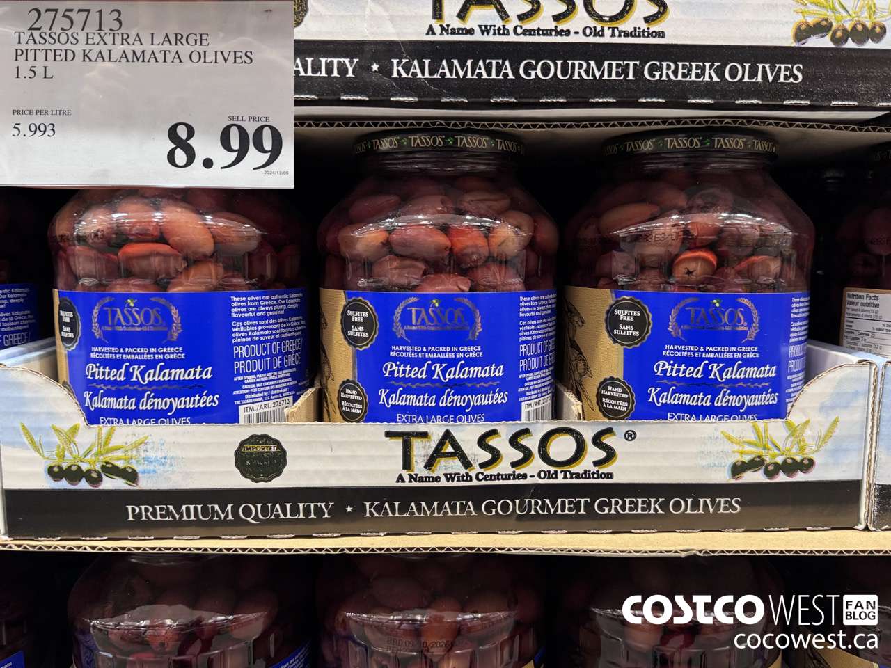 275713 TASSO'S XLARGE KALAMATA OLIVES 1.5 L $8.99