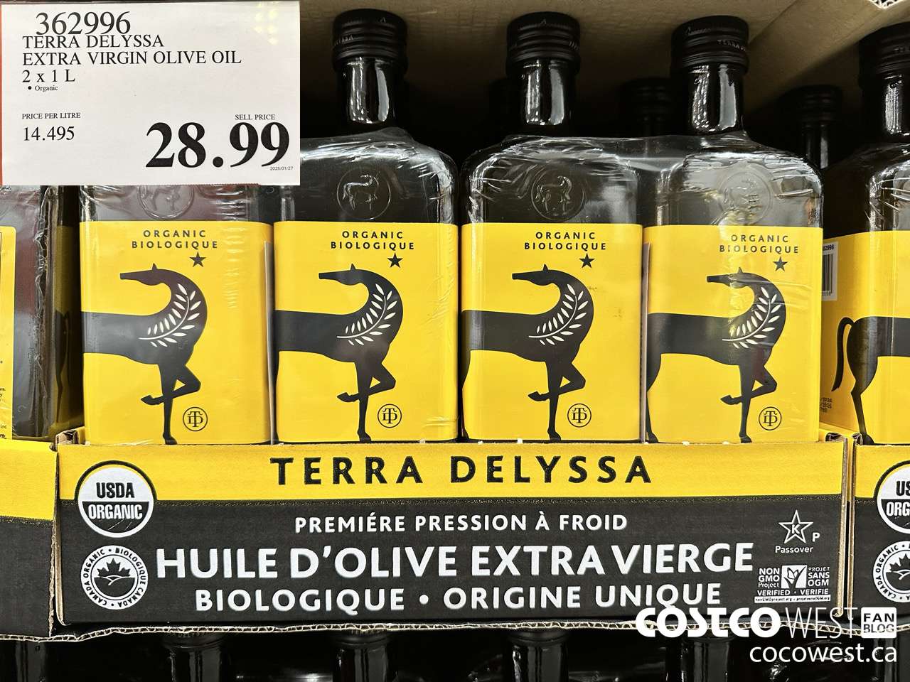 362996 TERRA DELYSSA ORGANIC EXTRA VIRGIN OLIVE OIL 2 x 1 L $28.99