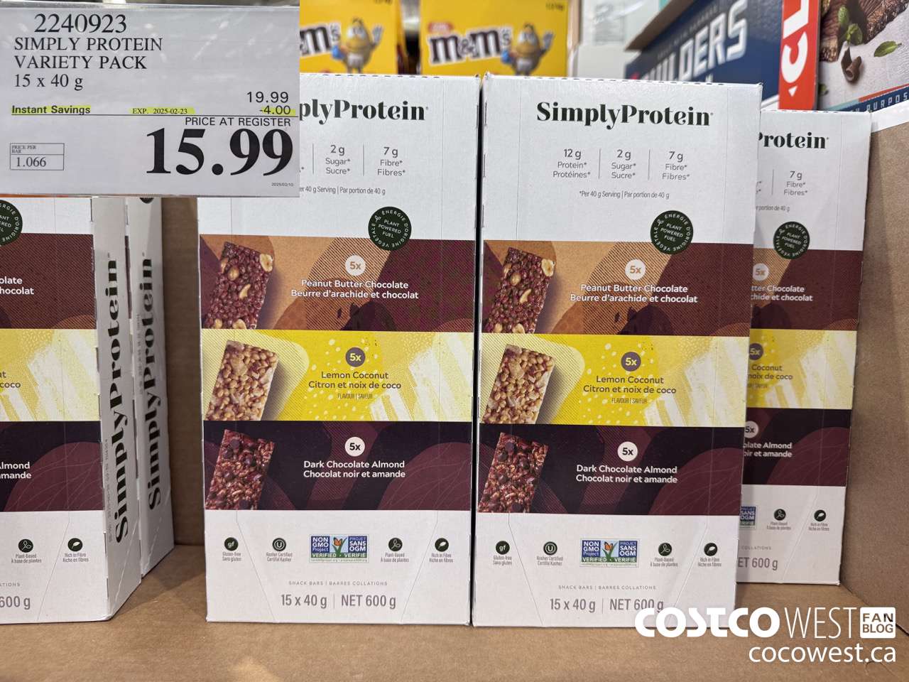 2240923 THE SIMPLY BAR PROTEIN BARS 15 x 40 g ($4.00 INSTANT SAVINGS EXPIRES ON 2025-02-23) $15.99