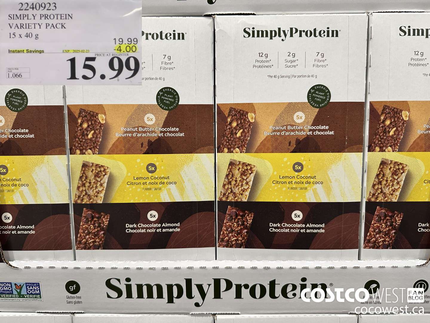 2240923 THE SIMPLY BAR PROTEIN BARS 15 x 40 g ($4.00 INSTANT SAVINGS EXPIRES ON 2025-02-23) $15.99