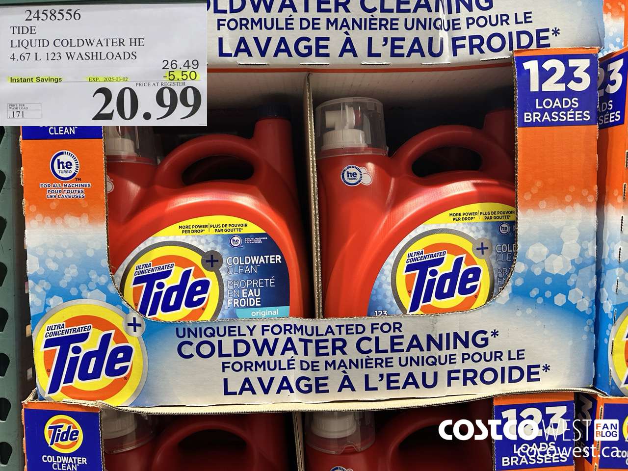 2458556 TIDE LIQUID COLDWATER HE 4.67 L 123 WASHLOADS ($5.50 INSTANT SAVINGS EXPIRES ON 2025-03-02) $20.99