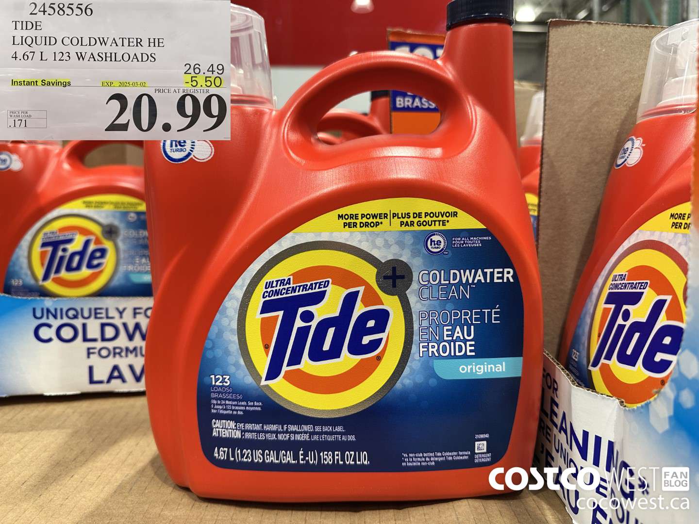 2458556 TIDE LIQUID COLDWATER HE 4.67 L 123 WASHLOADS ($5.50 INSTANT SAVINGS EXPIRES ON 2025-03-02) $20.99