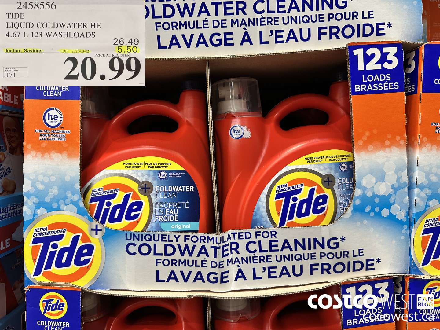 2458556 TIDE LIQUID COLDWATER HE 4.67 L 123 WASHLOADS ($5.50 INSTANT SAVINGS EXPIRES ON 2025-03-02) $20.99