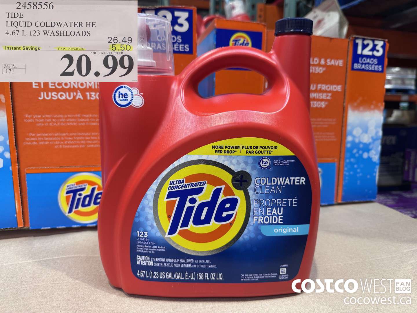 2458556 TIDE LIQUID COLDWATER HE 4.67 L 123 WASHLOADS ($5.50 INSTANT SAVINGS EXPIRES ON 2025-03-02) $20.99