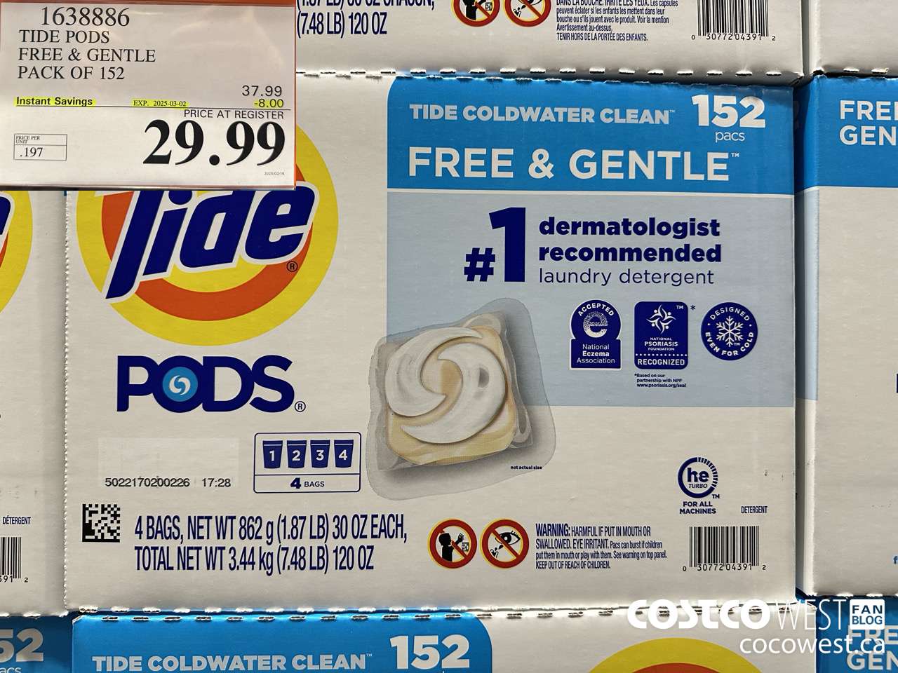 1638886 TIDE PODS FREE & GENTLE 152 pacs ($8.00 INSTANT SAVINGS EXPIRES ON 2025-03-02) $29.99