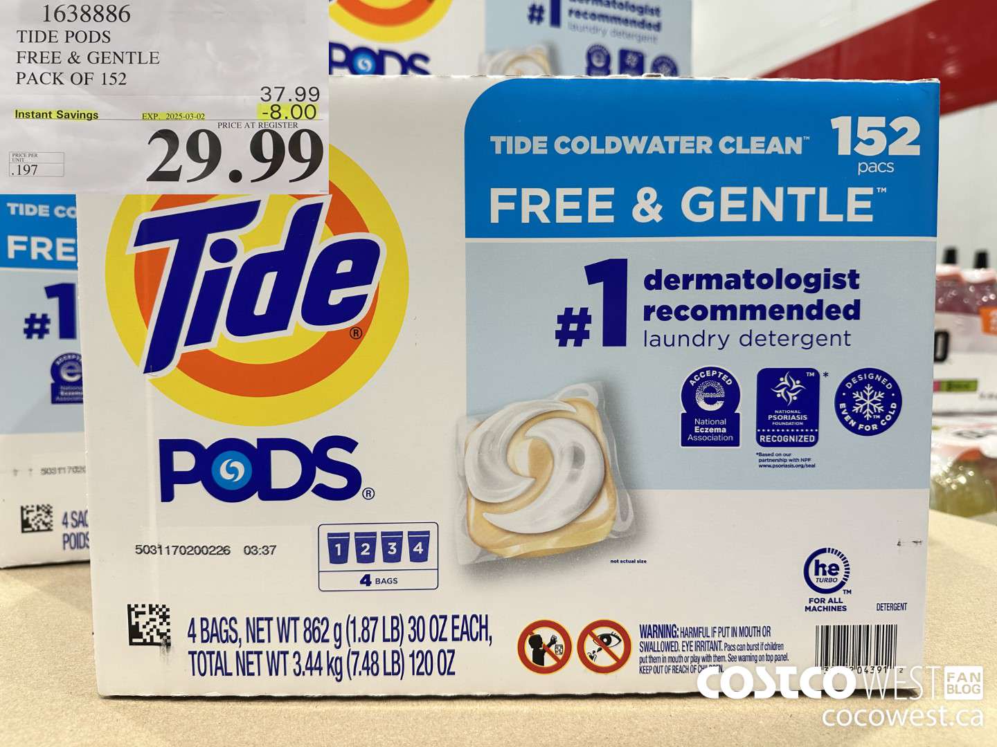 1638886 TIDE PODS FREE & GENTLE 152 pacs ($8.00 INSTANT SAVINGS EXPIRES ON 2025-03-02) $29.99