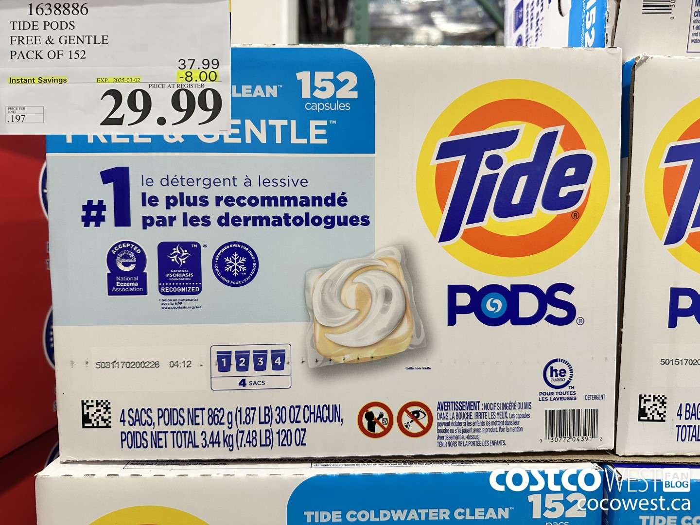 1638886 TIDE PODS FREE & GENTLE 152 pacs ($8.00 INSTANT SAVINGS EXPIRES ON 2025-03-02) $29.99