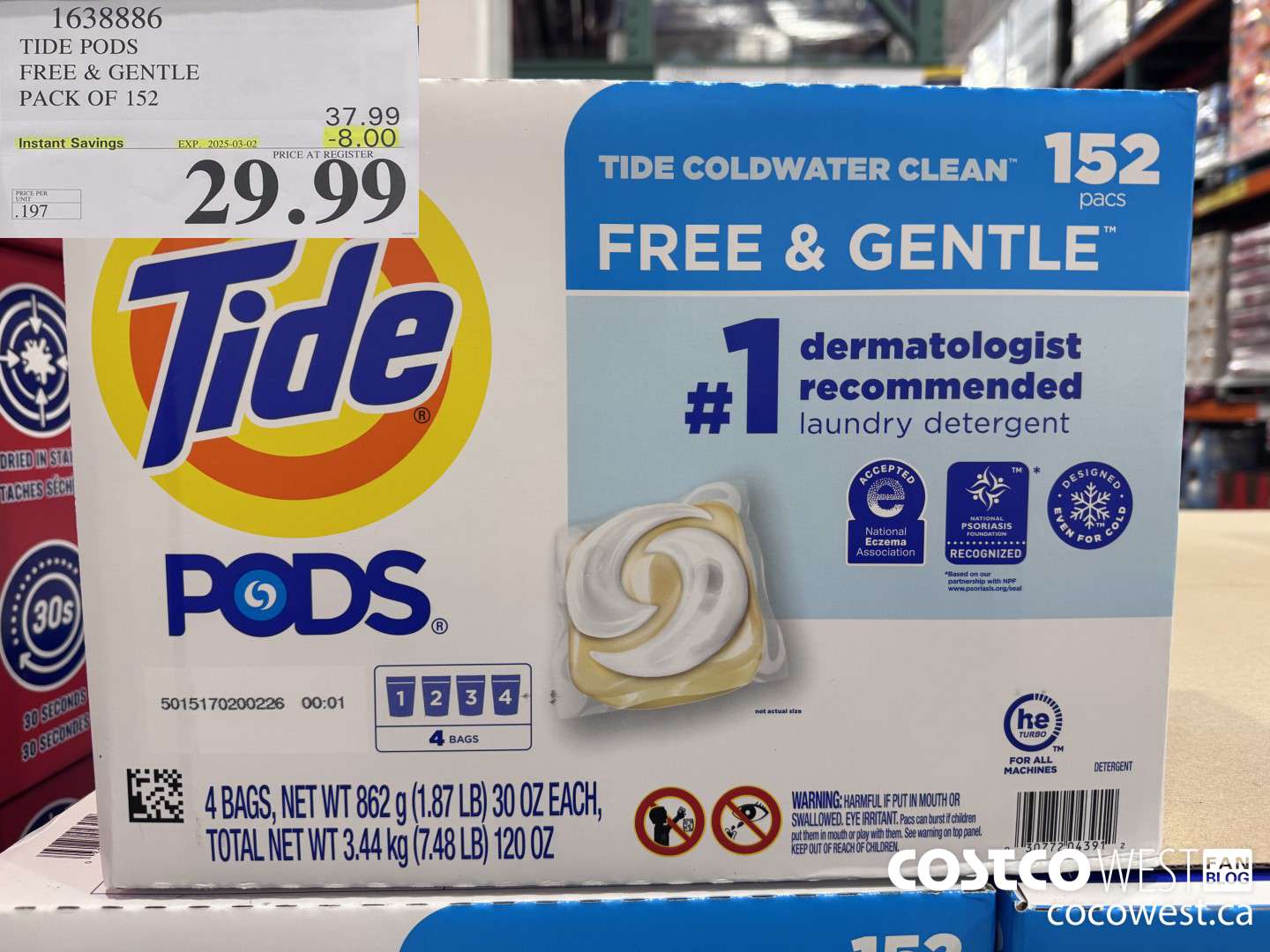 1638886 TIDE PODS FREE & GENTLE 152 pacs ($8.00 INSTANT SAVINGS EXPIRES ON 2025-03-02) $29.99