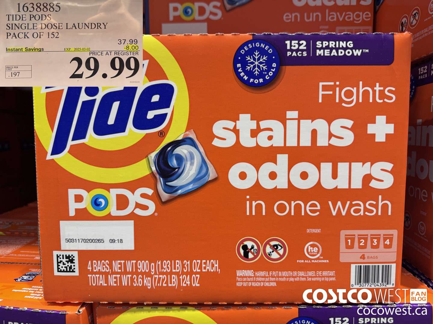 1638885 TIDE PODS SINGLE DOSE LAUNDRY 152 PACS ($8.00 INSTANT SAVINGS EXPIRES ON 2025-03-02) $29.99