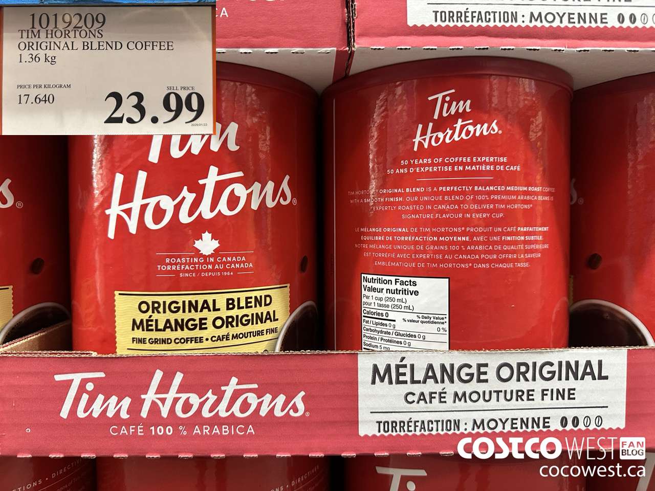 1019209 TIM HORTONS ORIGINAL BLEND COFFEE 1.36 KG $23.99