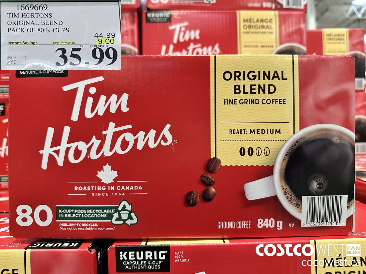 1669669 TIM HORTONS ORIGINAL BLEND K-CUPS 80 COUNT ($9.00 INSTANT SAVINGS EXPIRES ON 2025-03-02) $35.99
