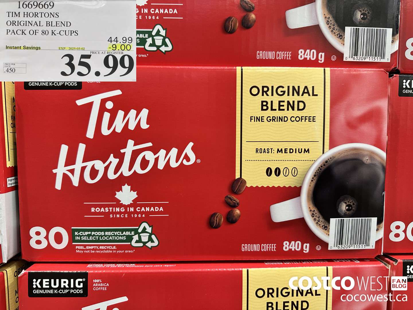 1669669 TIM HORTONS ORIGINAL BLEND K-CUPS 80 COUNT ($9.00 INSTANT SAVINGS EXPIRES ON 2025-03-02) $35.99