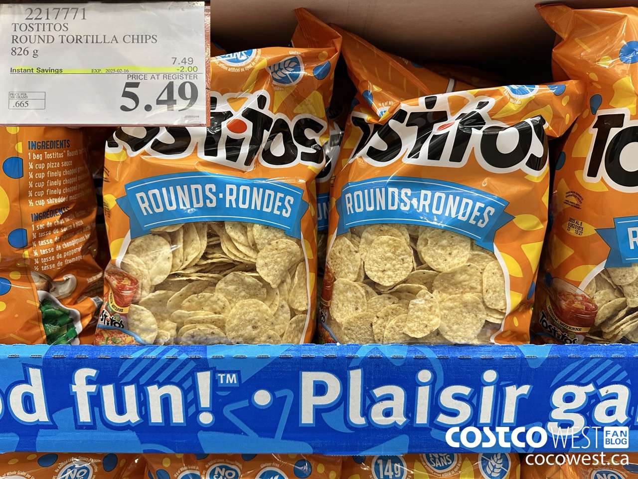 2217771 TOSTITOS ROUND TORTILLA CHIPS 826 G ($2.00 INSTANT SAVINGS EXPIRES ON 2025-02-16) $5.49