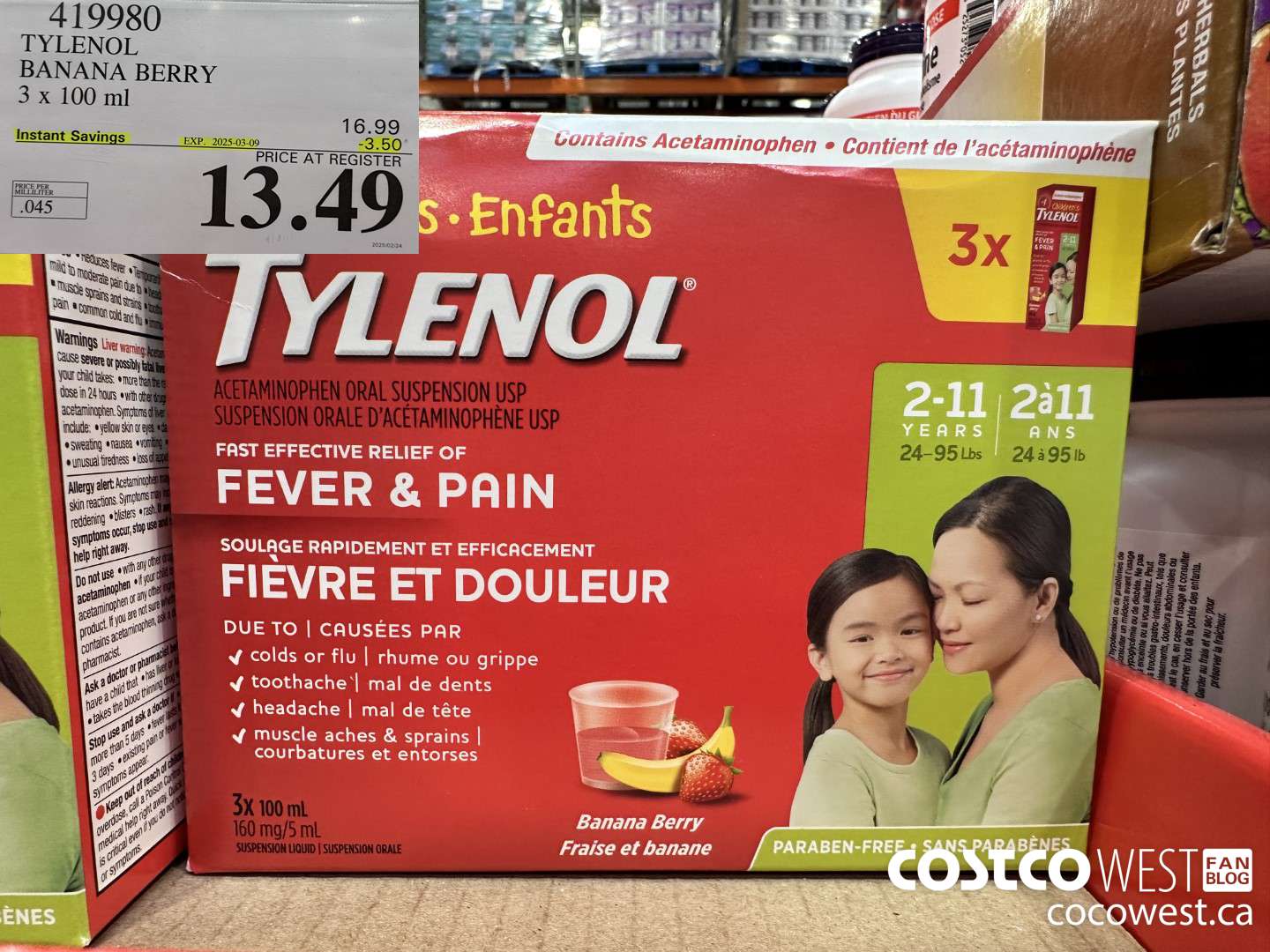 419980 TYLENOL BANANA BERRY 3 X 100ML ($3.50 INSTANT SAVINGS EXPIRES ON 2025-03-09) $13.49
