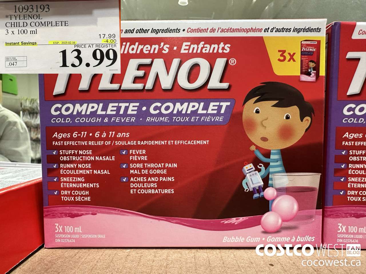 1093193 TYLENOL CHILD COMPLETE 3 X 100 ML ($4.00 INSTANT SAVINGS EXPIRES ON 2025-02-16) $13.99