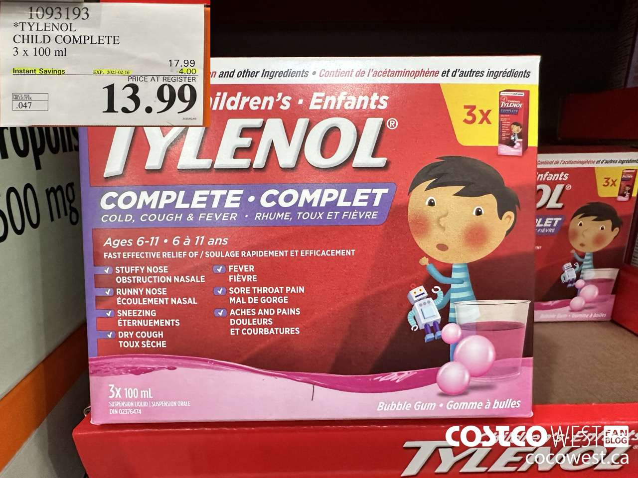 1093193 TYLENOL CHILD COMPLETE 3 X 100 ML ($4.00 INSTANT SAVINGS EXPIRES ON 2025-02-16) $13.99
