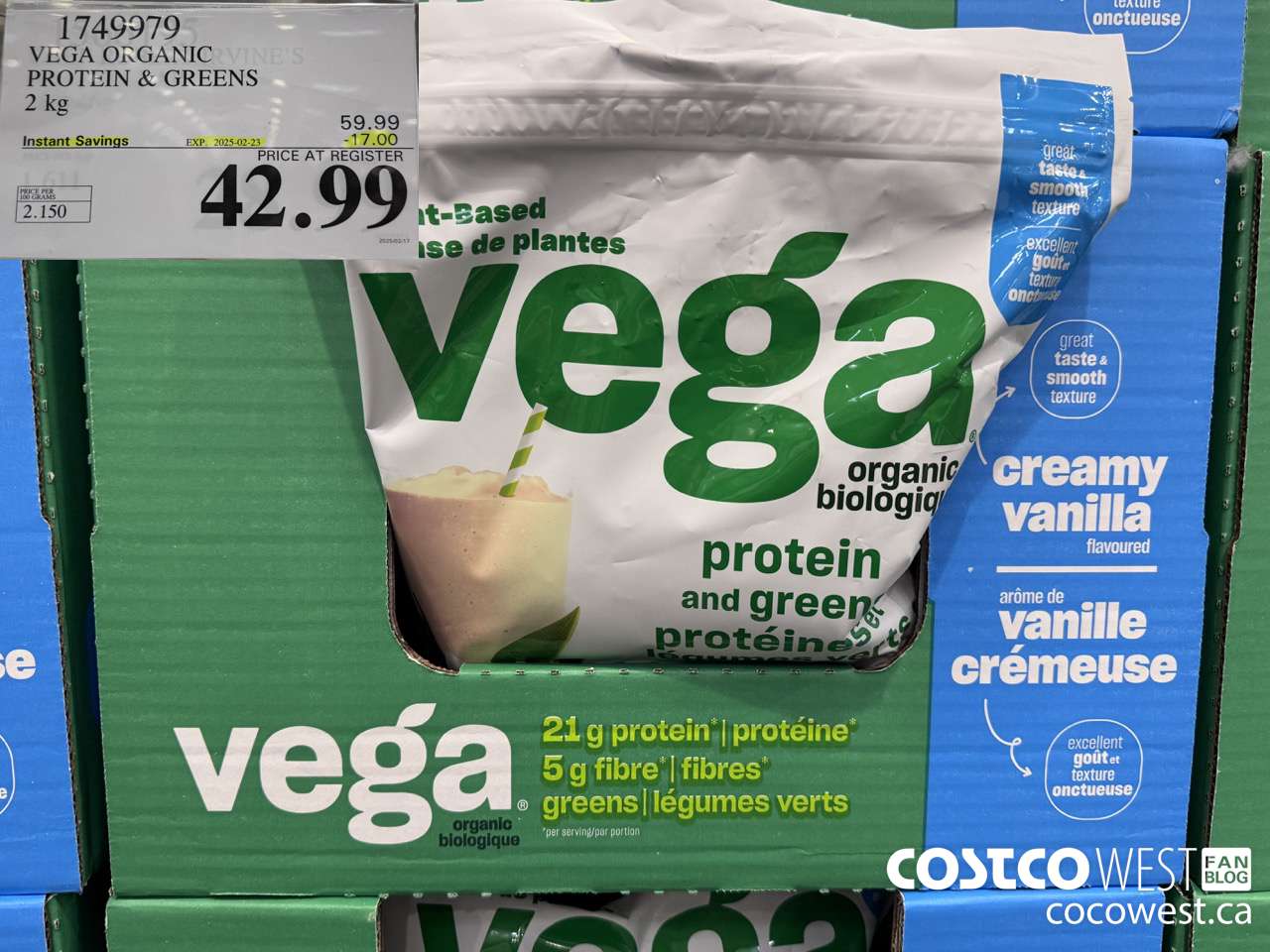1749979 VEGA ORGANIC PROTEIN & GREENS 2 KG ($17.00 INSTANT SAVINGS EXPIRES ON 2025-02-23) $42.99