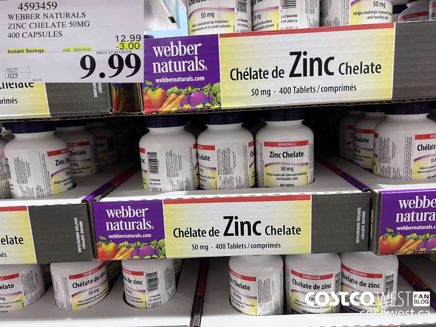 4593459 WEBBER NATURALS ZINC CHELATE 50MG 400 CAPSULES ($3.00 INSTANT SAVINGS EXPIRES ON 2025-03-02) $9.99