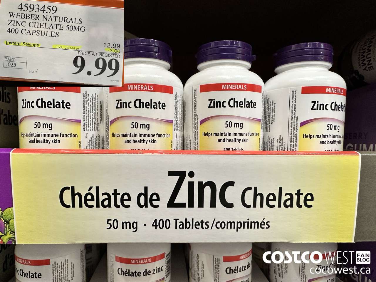 4593459 WEBBER NATURALS ZINC CHELATE 50MG 400 CAPSULES ($3.00 INSTANT SAVINGS EXPIRES ON 2025-03-02) $9.99