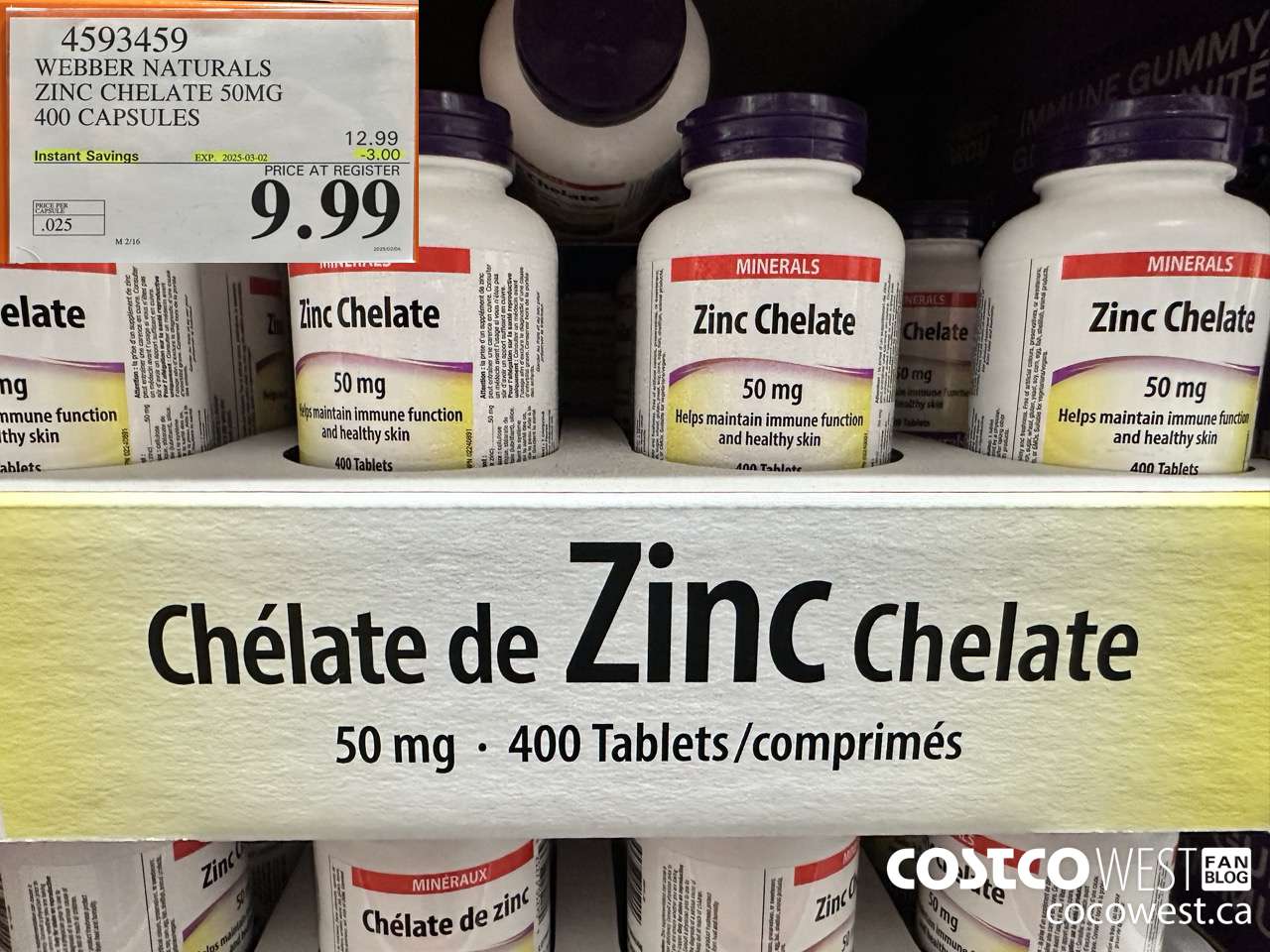 4593459 WEBBER NATURALS ZINC CHELATE 50MG 400 CAPSULES ($3.00 INSTANT SAVINGS EXPIRES ON 2025-03-02) $9.99