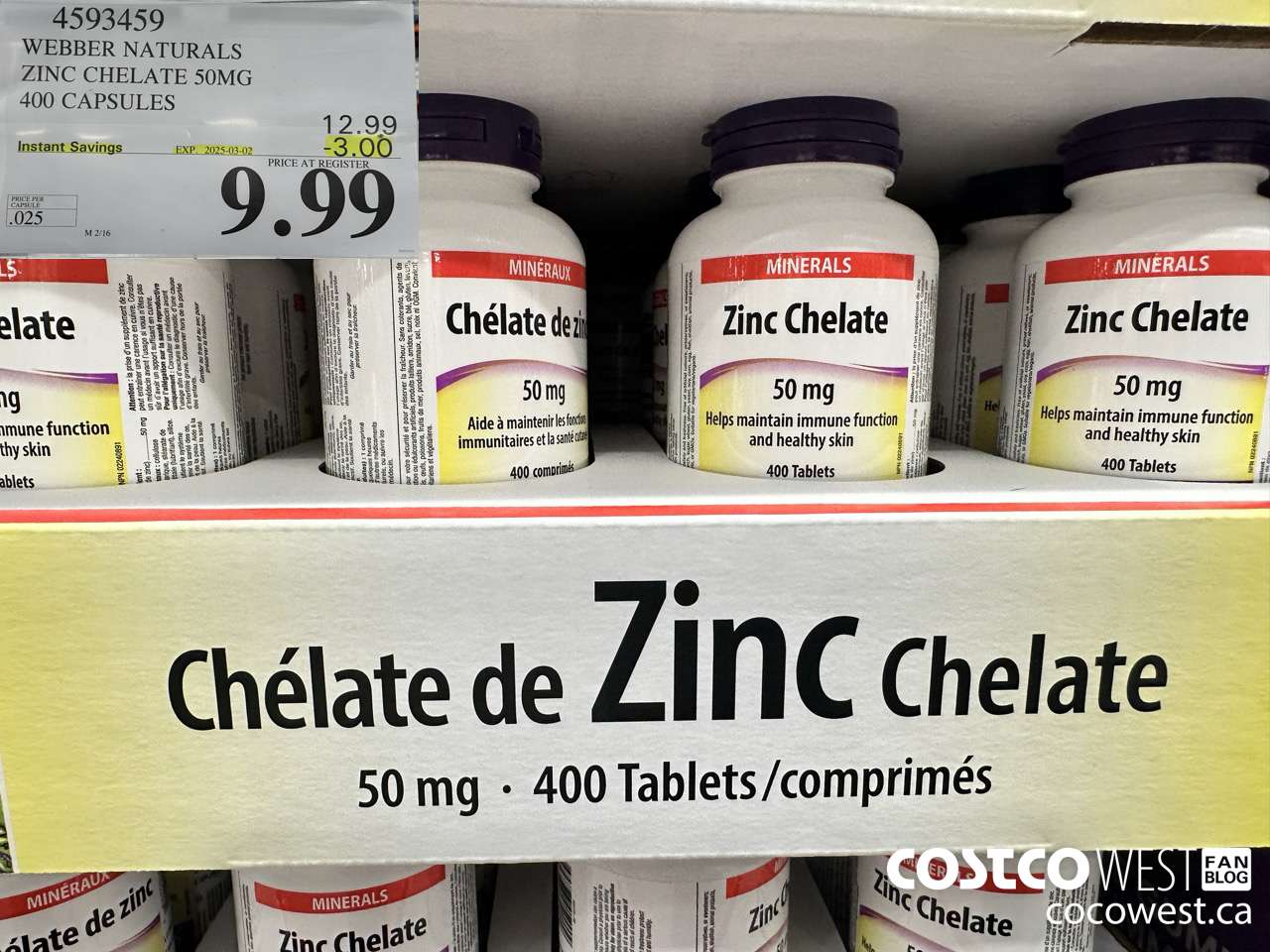4593459 WEBBER NATURALS ZINC CHELATE 50MG 400 CAPSULES ($3.00 INSTANT SAVINGS EXPIRES ON 2025-03-02) $9.99
