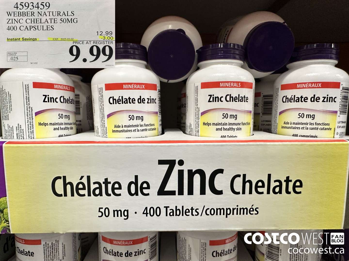 4593459 WEBBER NATURALS ZINC CHELATE 50MG 400 CAPSULES ($3.00 INSTANT SAVINGS EXPIRES ON 2025-03-02) $9.99