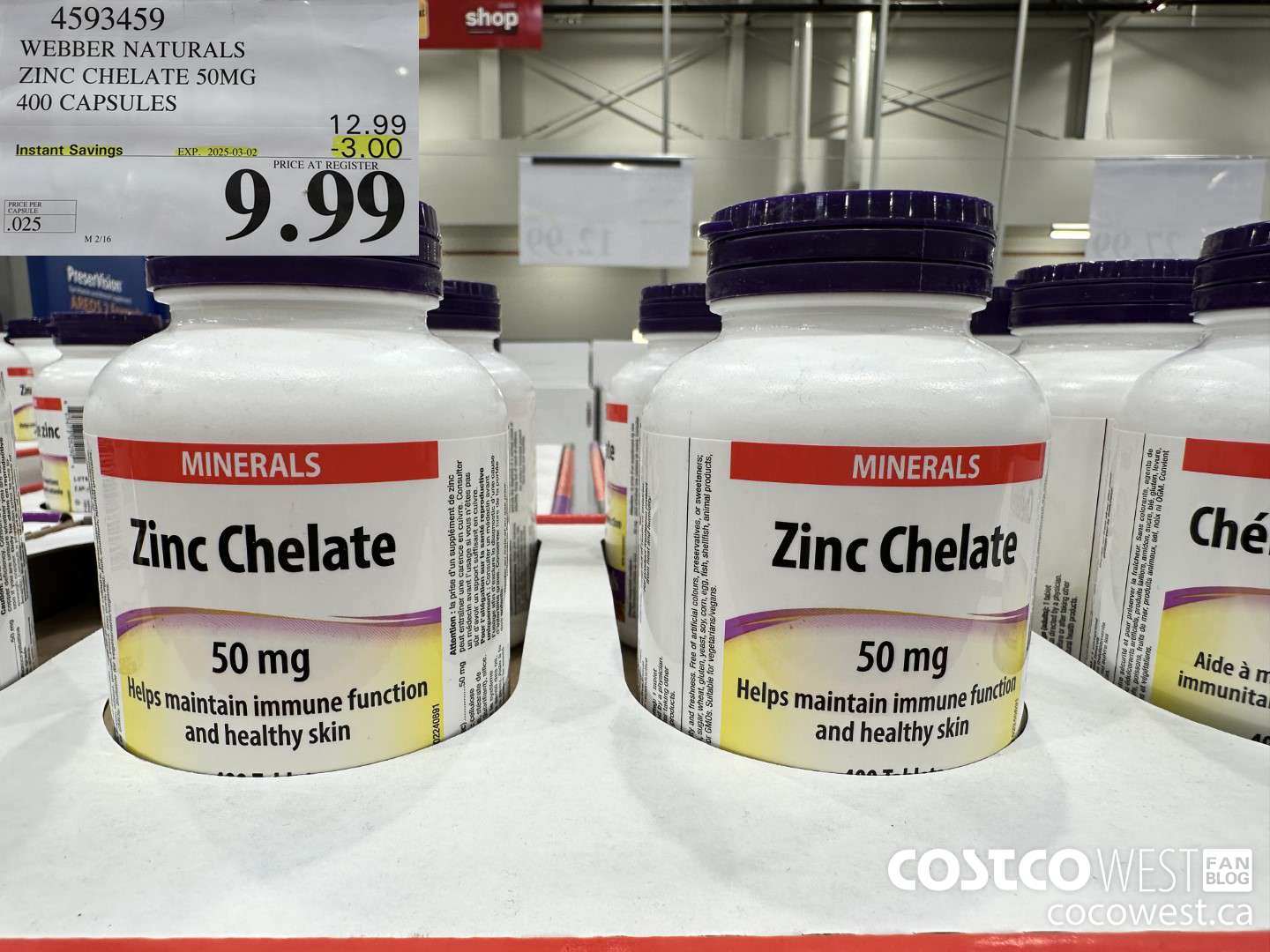 4593459 WEBBER NATURALS ZINC CHELATE 50MG 400 CAPSULES ($3.00 INSTANT SAVINGS EXPIRES ON 2025-03-02) $9.99