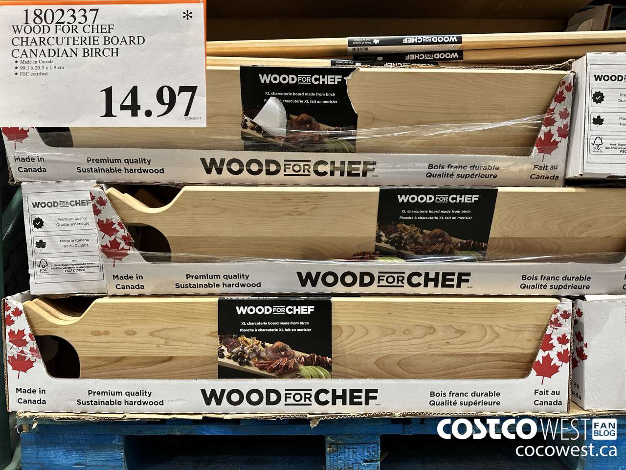 1802337 WOOD FOR CHEF CHARCUTERIE BOARD FSC CANADIAN BIRCH $14.97