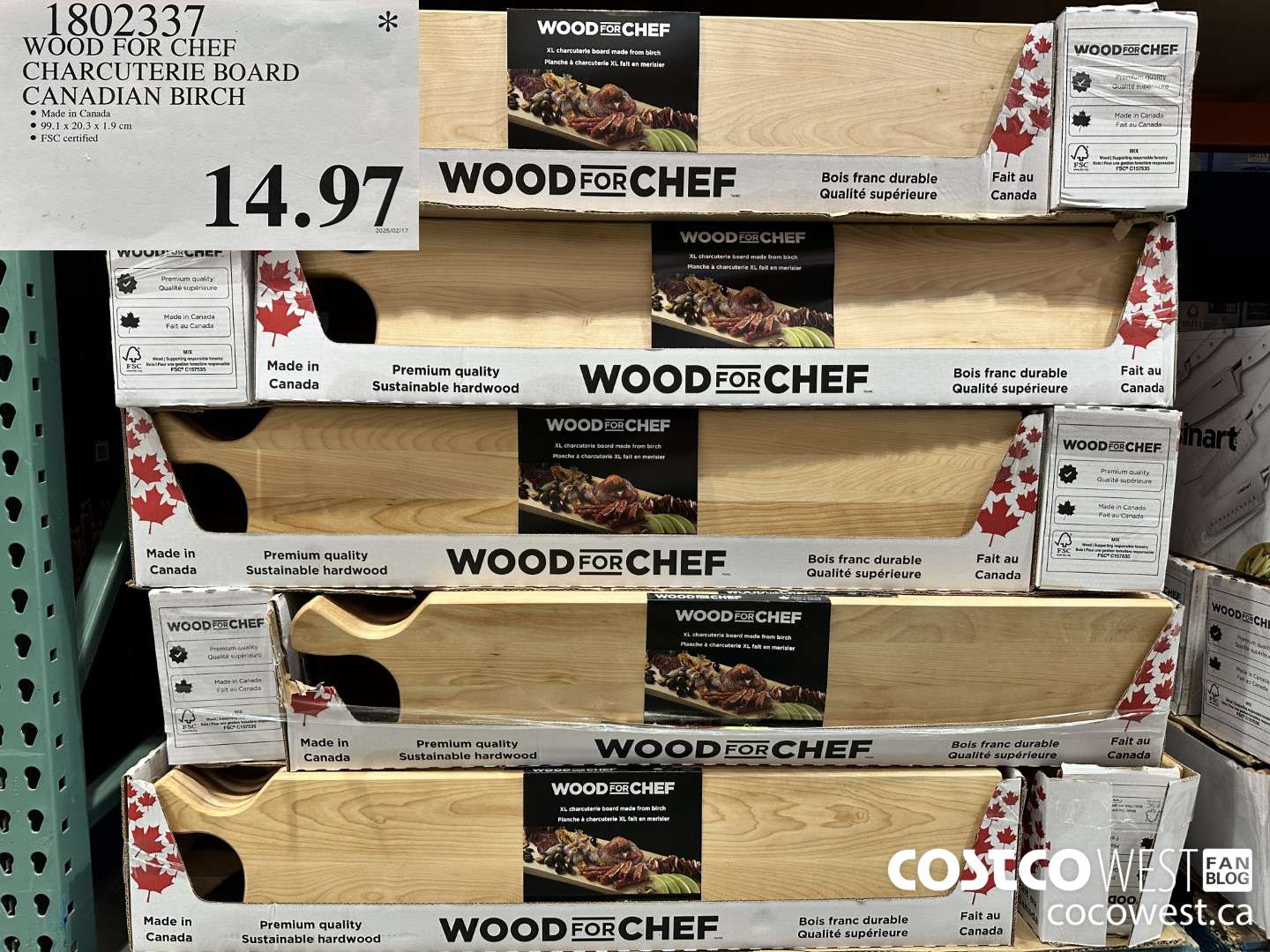 1802337 WOOD FOR CHEF CHARCUTERIE BOARD FSC CANADIAN BIRCH $14.97