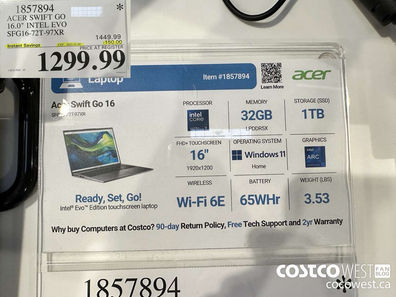 1857894 ACER SWIFT GO 16-IN INTEL EVO LAPTOP SFG16-72T-97XR ($150.00 INSTANT SAVINGS EXPIRES ON 2025-03-09) $1299.99