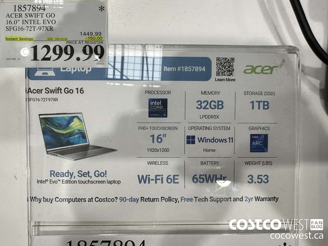 1857894 ACER SWIFT GO 16-IN INTEL EVO LAPTOP SFG16-72T-97XR ($150.00 INSTANT SAVINGS EXPIRES ON 2025-03-09) $1299.99