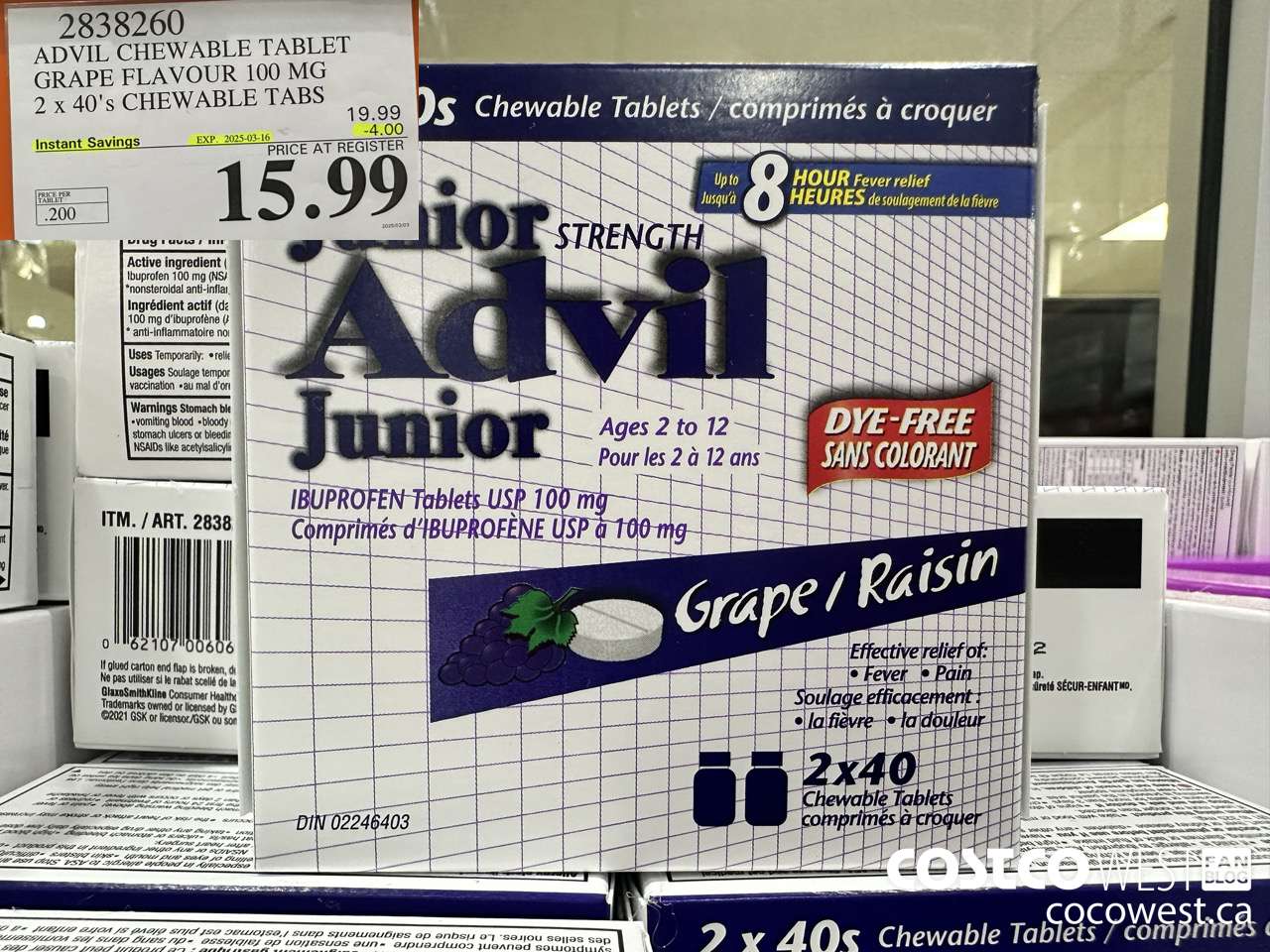 2838260 ADVIL CHEWABLE TABLET GRAPE FLAVOUR 100 MG 2 X 40'S CHEWABLE TABS ($4.00 INSTANT SAVINGS EXPIRES ON 2025-03-16) $15.99