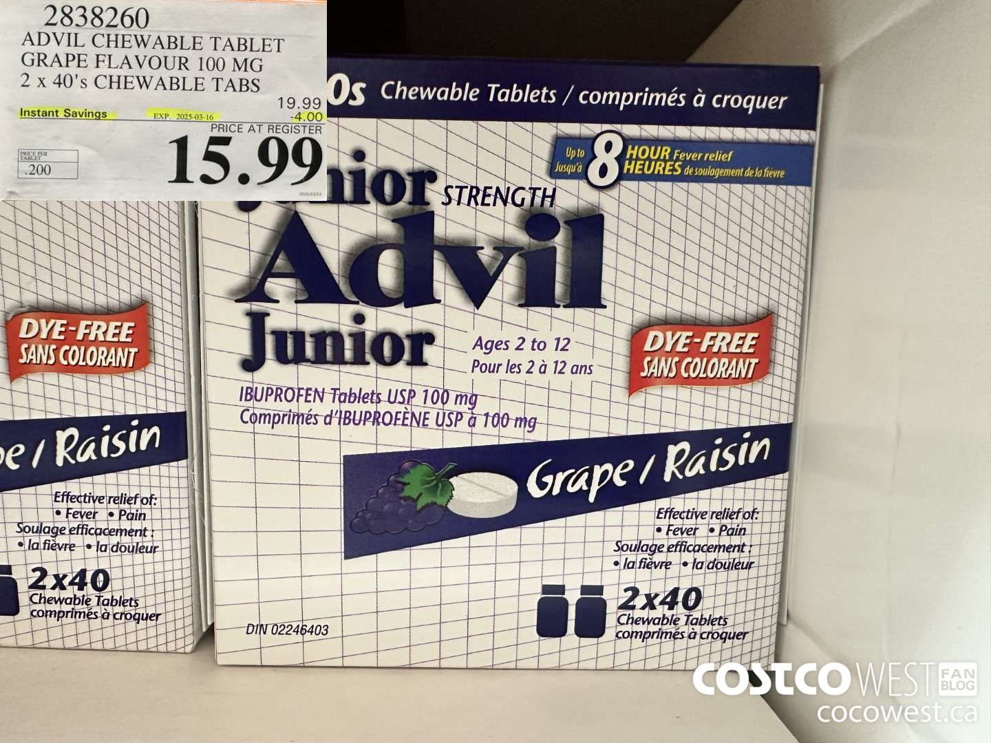 2838260 ADVIL CHEWABLE TABLET GRAPE FLAVOUR 100 MG 2 X 40'S CHEWABLE TABS ($4.00 INSTANT SAVINGS EXPIRES ON 2025-03-16) $15.99