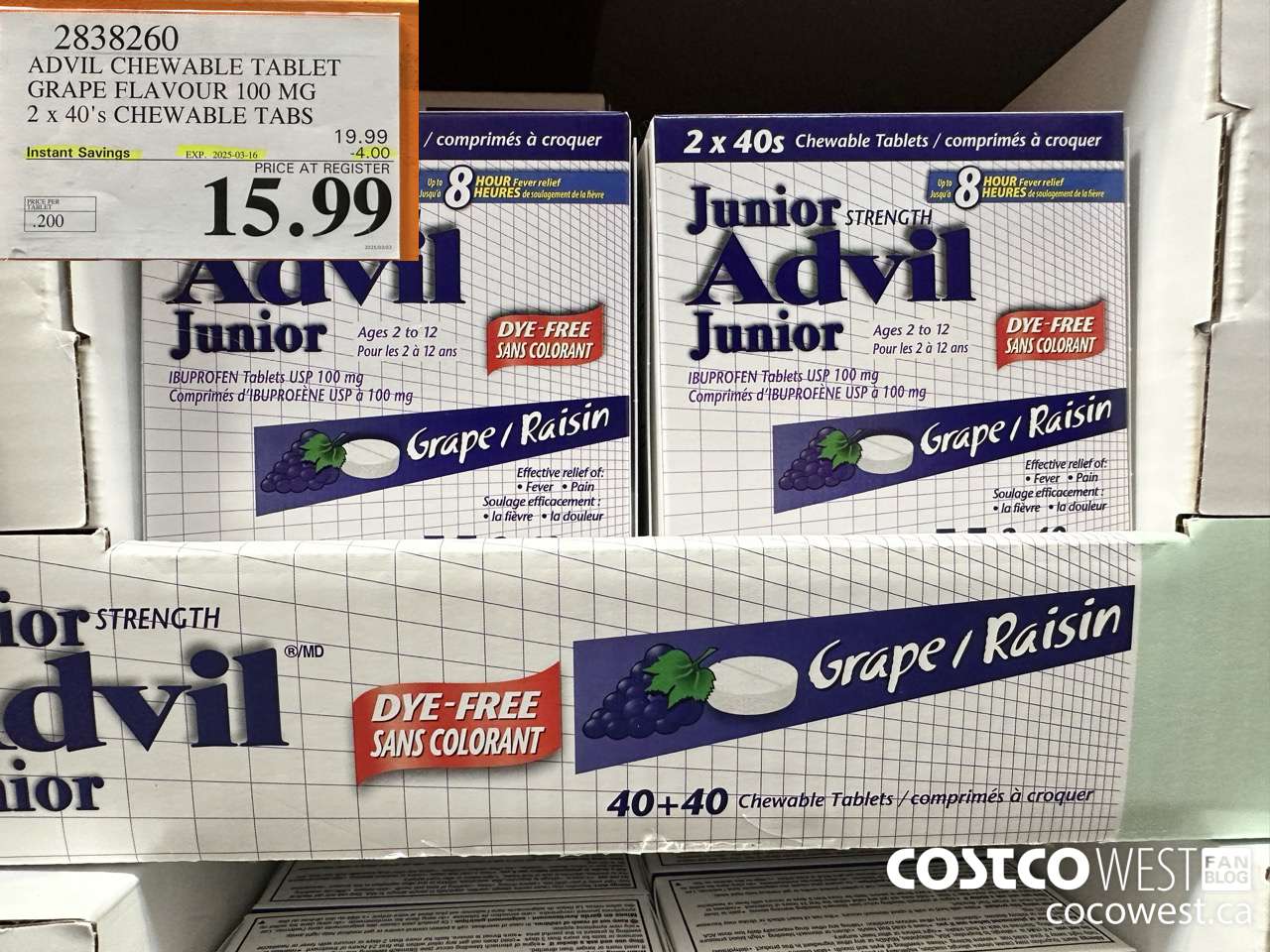 2838260 ADVIL CHEWABLE TABLET GRAPE FLAVOUR 100 MG 2 X 40'S CHEWABLE TABS ($4.00 INSTANT SAVINGS EXPIRES ON 2025-03-16) $15.99