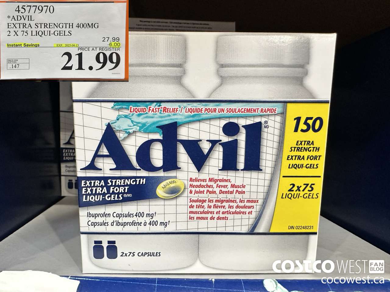 4577970 ADVIL EXTRA STRENGTH 400MG 2 X 75 LIQUI-GELS ($6.00 INSTANT SAVINGS EXPIRES ON 2025-04-13) $21.99