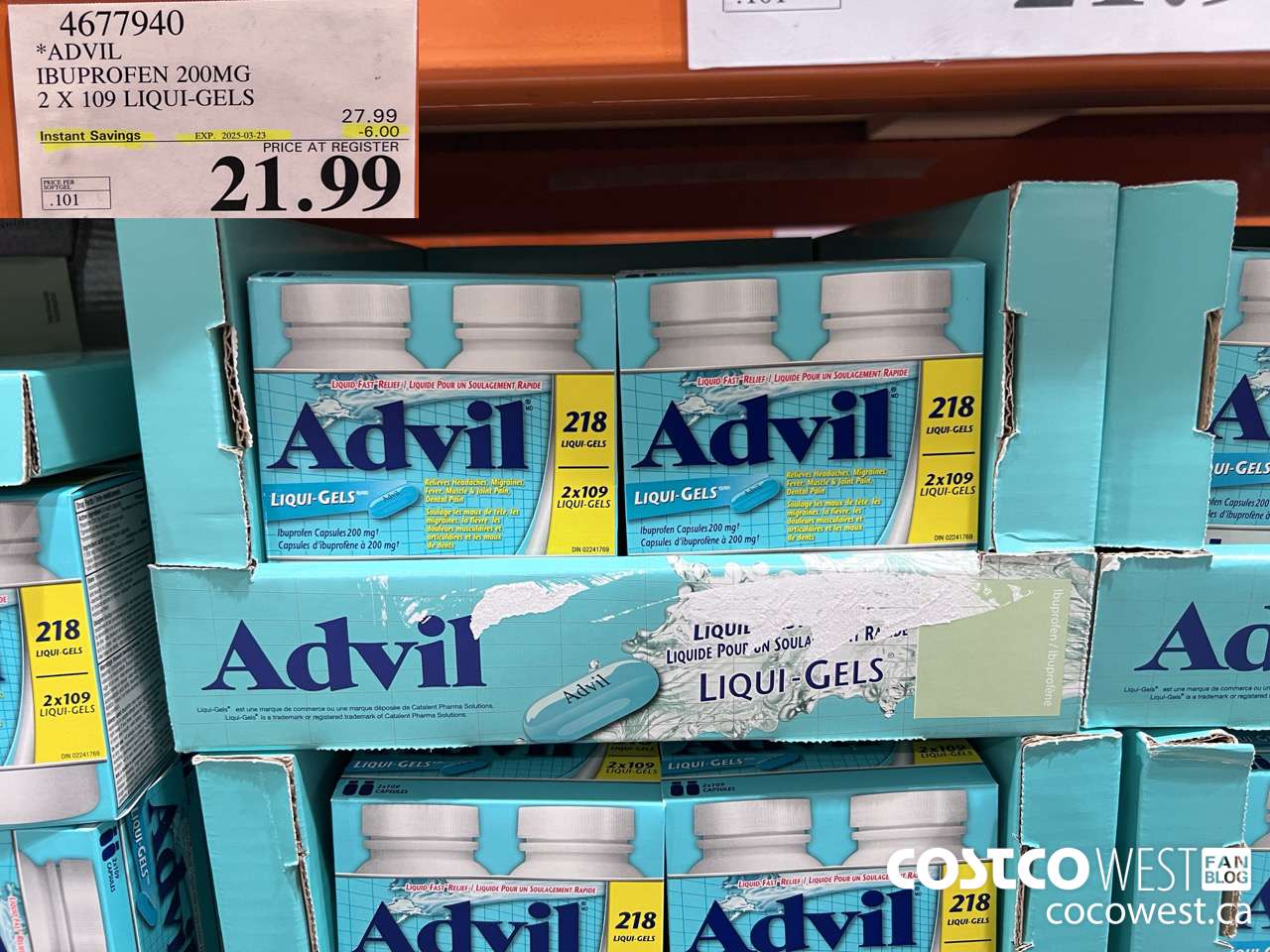 4677940 ADVIL IBUPROFEN 200MG 2 X 109 LIQUI-GELS ($6.00 INSTANT SAVINGS EXPIRES ON 2025-03-23) $21.99