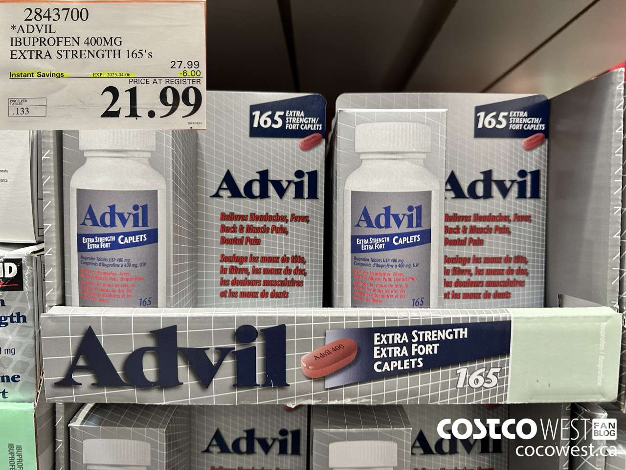 2843700 ADVIL IBUPROFEN 400MG EXTRA STRENGTH 165'S ($6.00 INSTANT SAVINGS EXPIRES ON 2025-04-06) $21.99