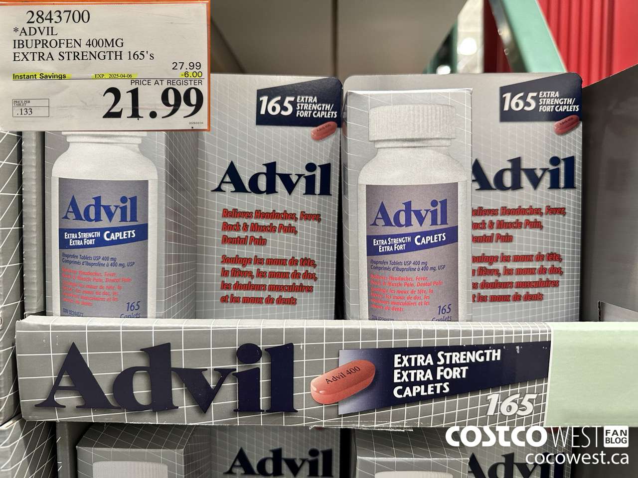 2843700 ADVIL IBUPROFEN 400MG EXTRA STRENGTH 165'S ($6.00 INSTANT SAVINGS EXPIRES ON 2025-04-06) $21.99