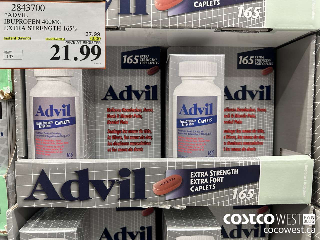 2843700 ADVIL IBUPROFEN 400MG EXTRA STRENGTH 165'S ($6.00 INSTANT SAVINGS EXPIRES ON 2025-04-06) $21.99