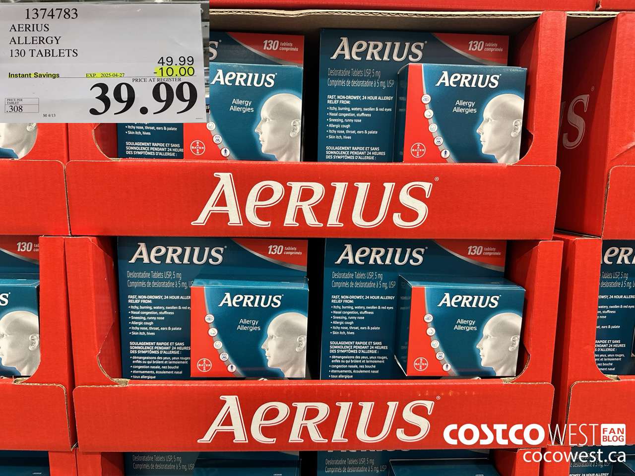 1374783 AERIUS ALLERGY 130 TABLETS ($10.00 INSTANT SAVINGS EXPIRES ON 2025-04-27) $39.99