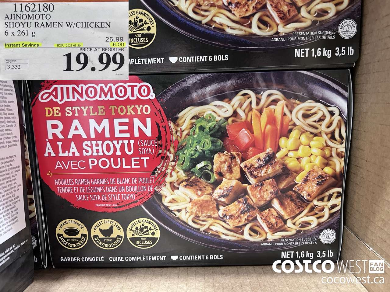 1162180 AJINOMOTO SHOYU RAMEN W/CHICKEN 6 x 261 g ($6.00 INSTANT SAVINGS EXPIRES ON 2025-03-30) $19.99