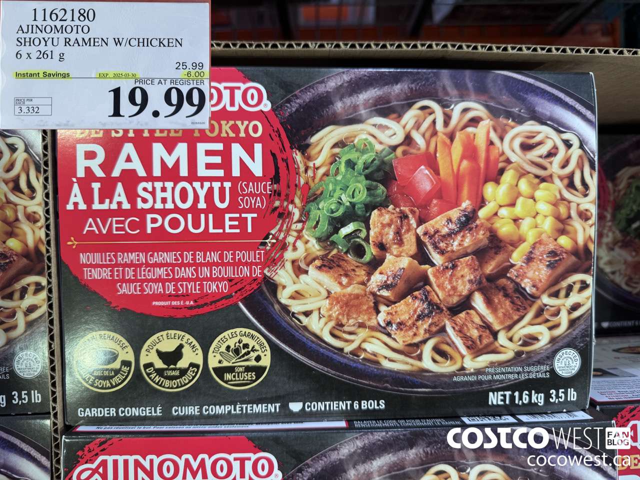 1162180 AJINOMOTO SHOYU RAMEN W/CHICKEN 6 x 261 g ($6.00 INSTANT SAVINGS EXPIRES ON 2025-03-30) $19.99