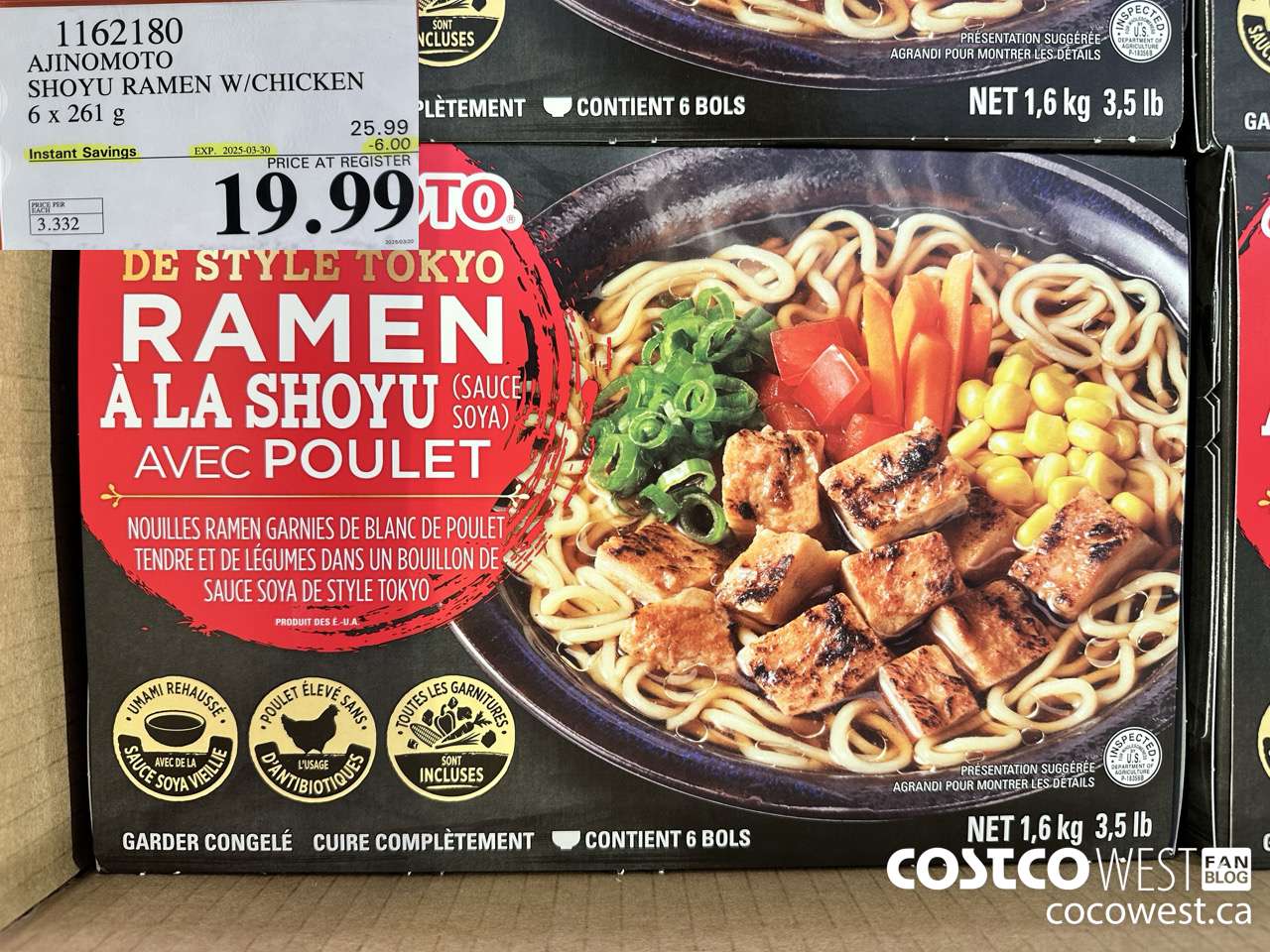 1162180 AJINOMOTO SHOYU RAMEN W/CHICKEN 6 x 261 g ($6.00 INSTANT SAVINGS EXPIRES ON 2025-03-30) $19.99
