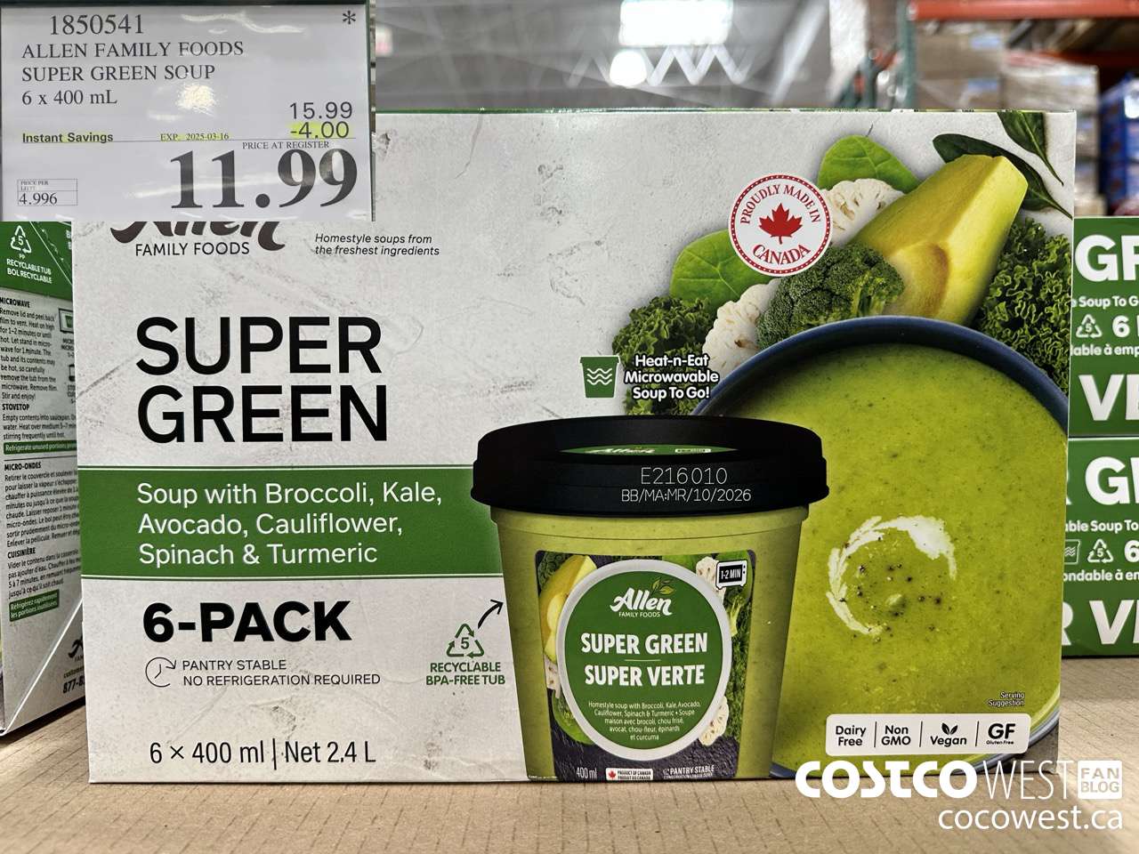 1850541 ALLEN FAMILY FOODS SUPER GREEN SOUP 6 X 400ML ($4.00 INSTANT SAVINGS EXPIRES ON 2025-03-16) $11.99