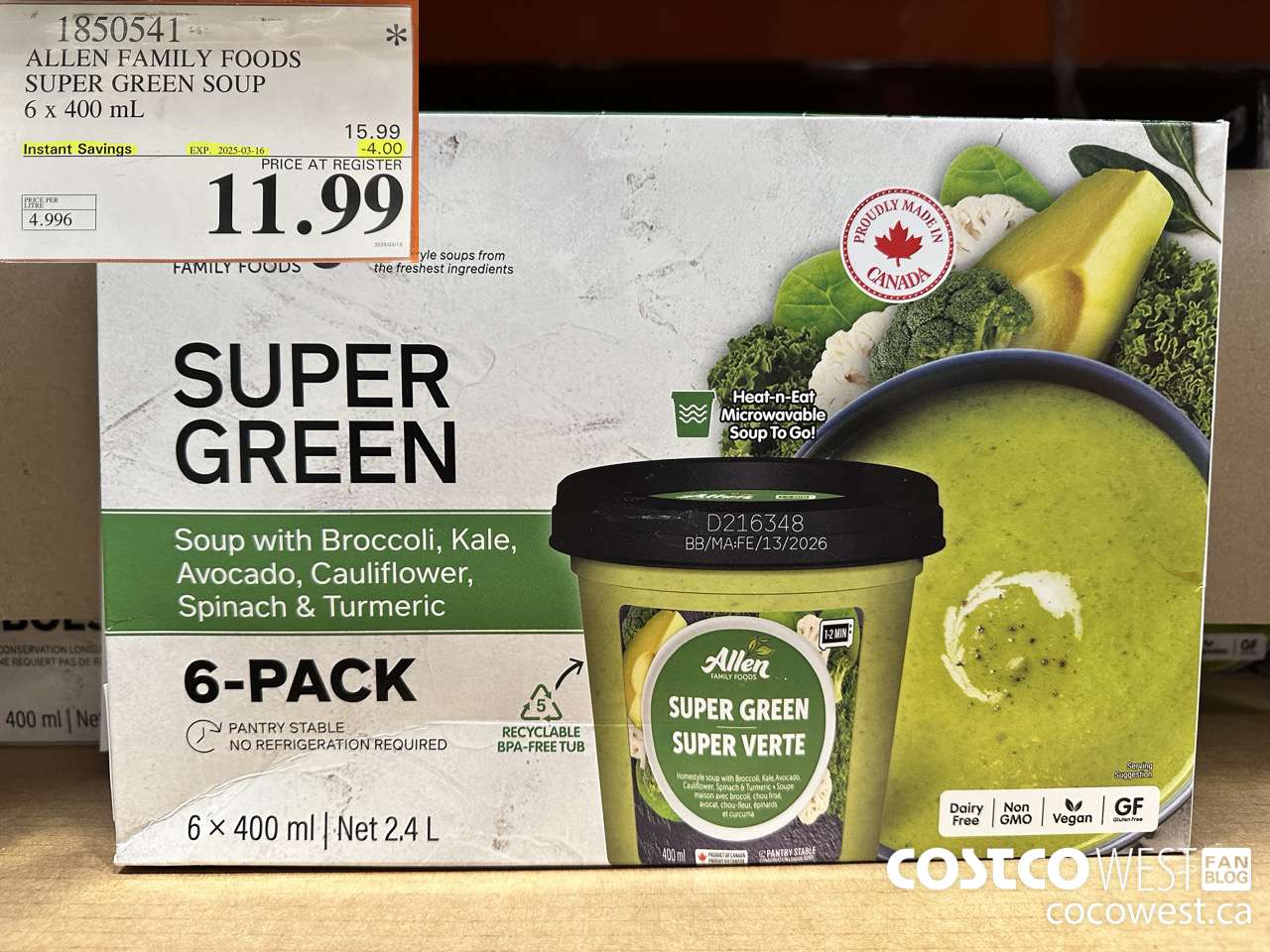 1850541 ALLEN FAMILY FOODS SUPER GREEN SOUP 6 X 400ML ($4.00 INSTANT SAVINGS EXPIRES ON 2025-03-16) $11.99