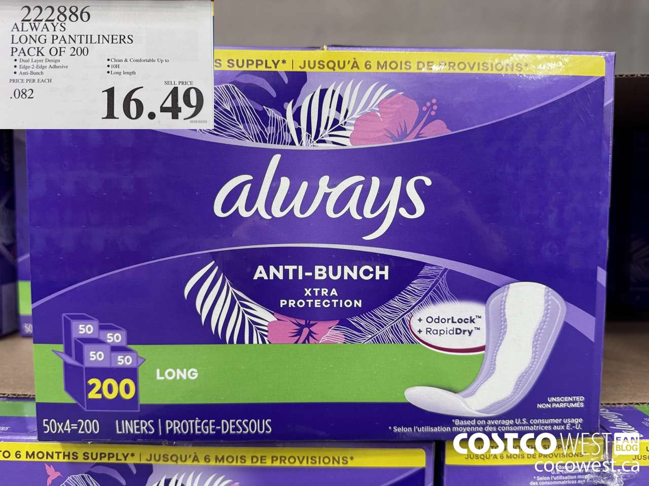 222886 ALWAYS DRI-LINERS LONG PANTILINERS PACK OF 200 $16.49