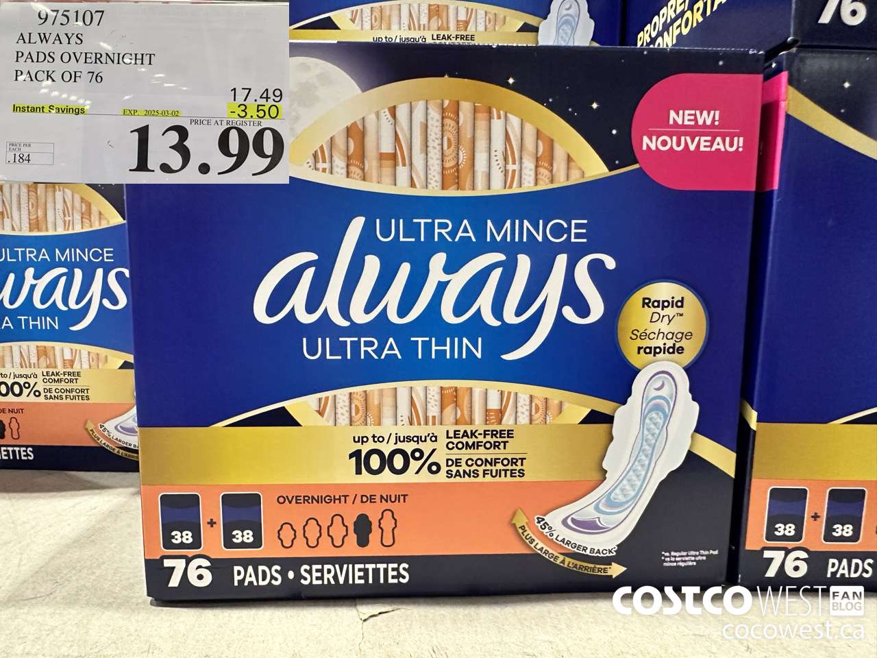 975107 ALWAYS ULTRA THIN PADS OVERNIGHT BOX OF 76 ($3.50 INSTANT SAVINGS EXPIRES ON 2025-03-02) $13.99