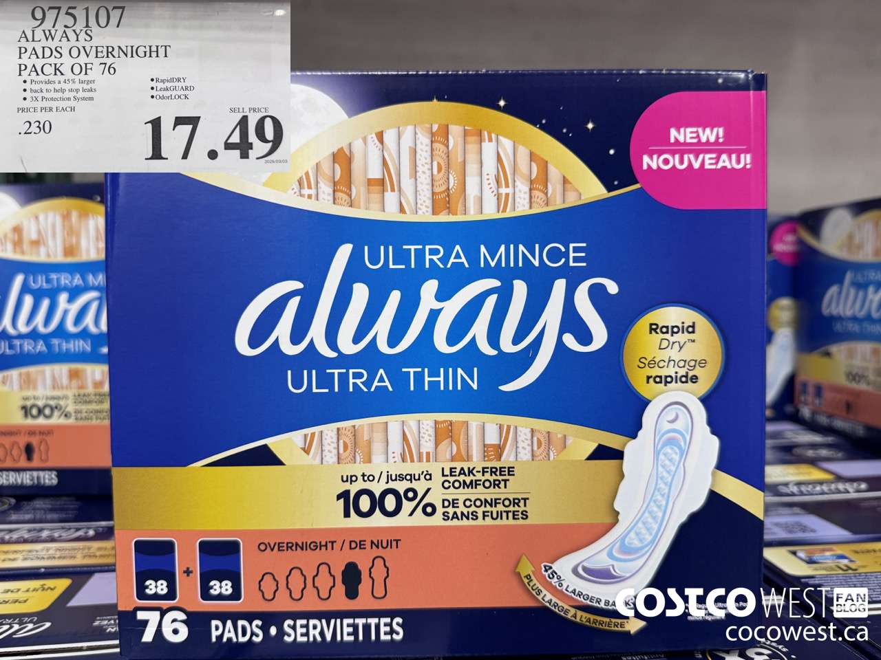 975107 ALWAYS ULTRA THIN PADS OVERNIGHT BOX OF 76 $17.49