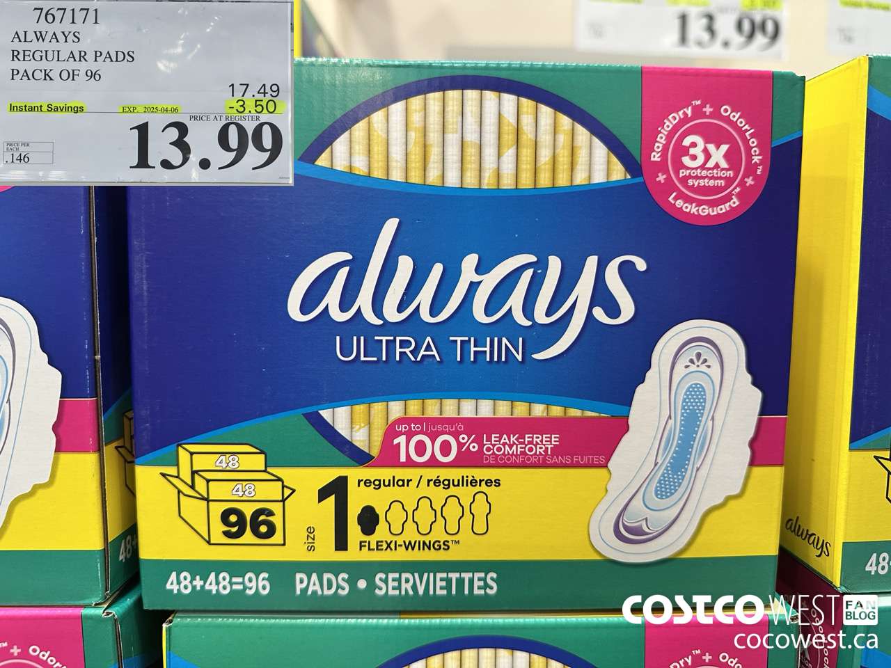 767171 ALWAYS ULTRA THIN PADS REGULAR 96CT ($3.50 INSTANT SAVINGS EXPIRES ON 2025-04-06) $13.99